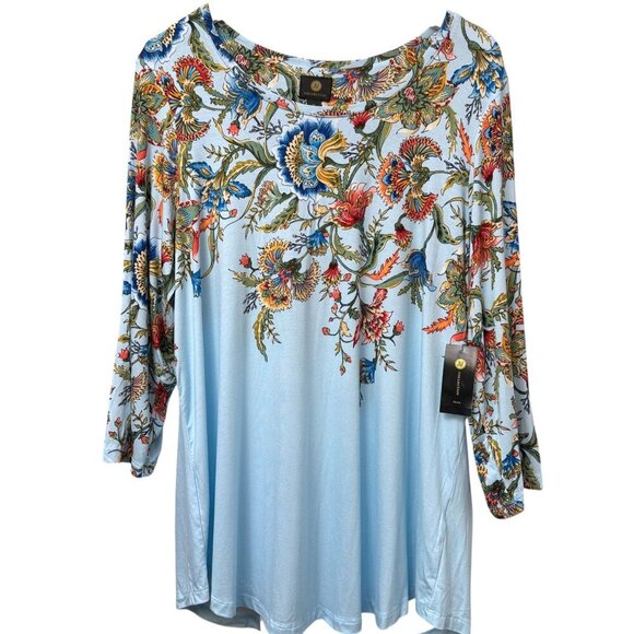 JM Collection Blue Paisley Top Plus Size 1X Tunic Tee Rayon 3/4 Sleeve NWT - Picture 1 of 8